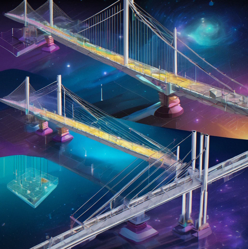 Isometric view of a suspension bridge under construction with material specifications and load distribution heat map overlay