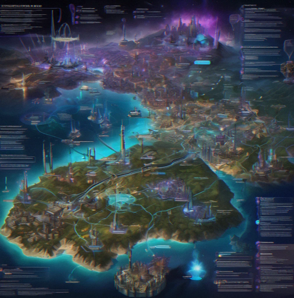 Late-game map with dozens of settlements spread across the continent, all connected by long bridges and backup power routes