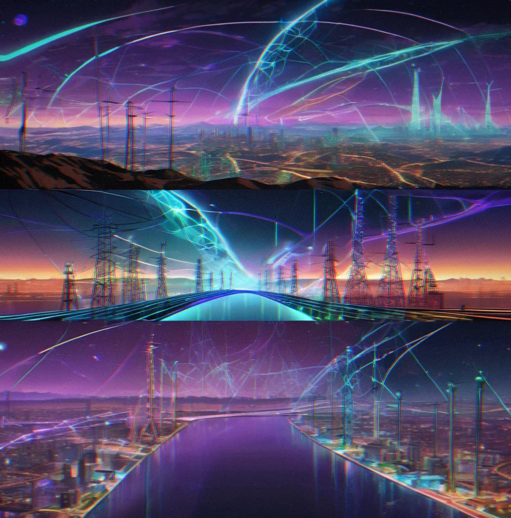 Power grid interface tracking energy flow through transmission lines, color-coded by how well it's running