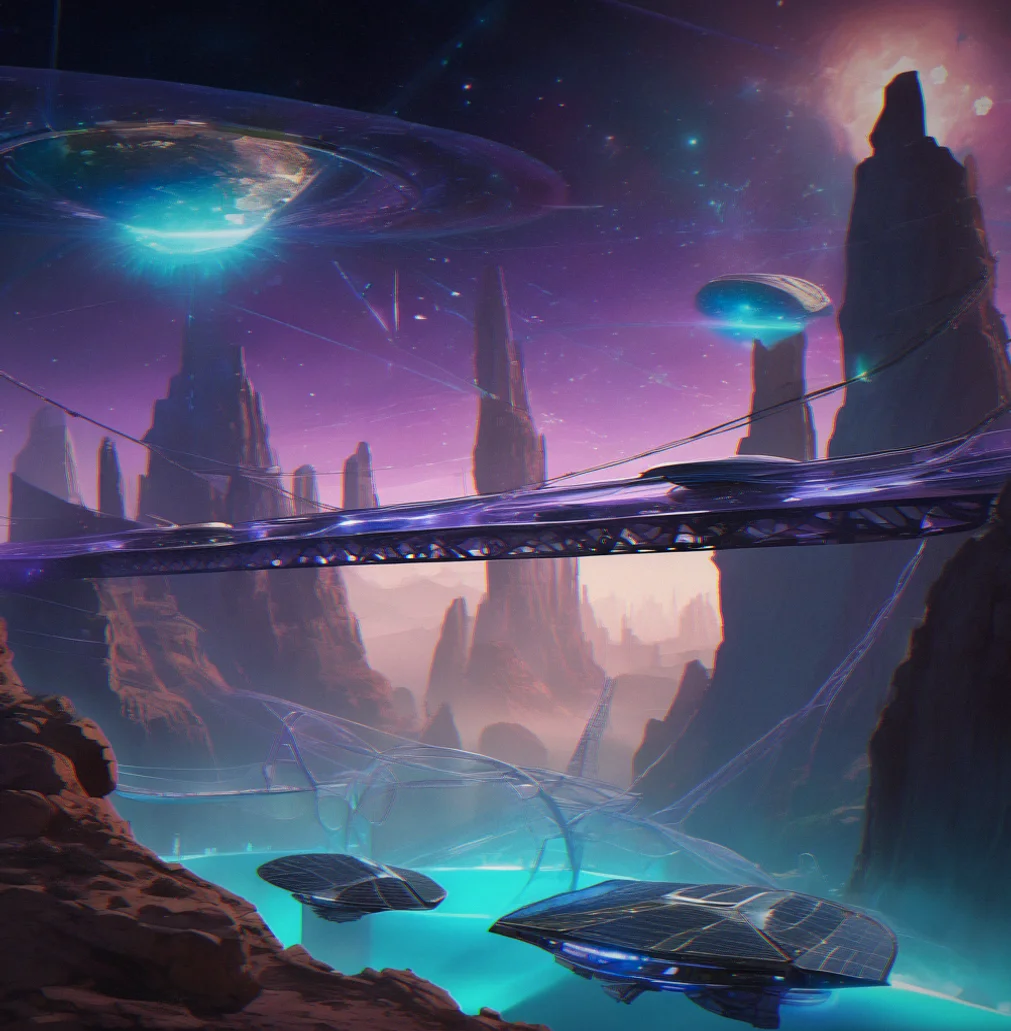 Early settlement with just one bridge spanning a canyon and a basic solar array sitting about 200 meters away from where people live