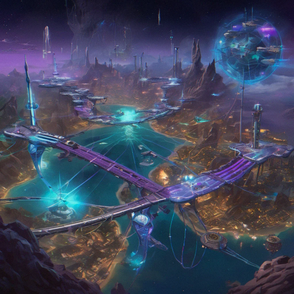 Mid-game colony with three settlements all hooked together, multiple bridge routes connecting them, and a power system running on two different sources