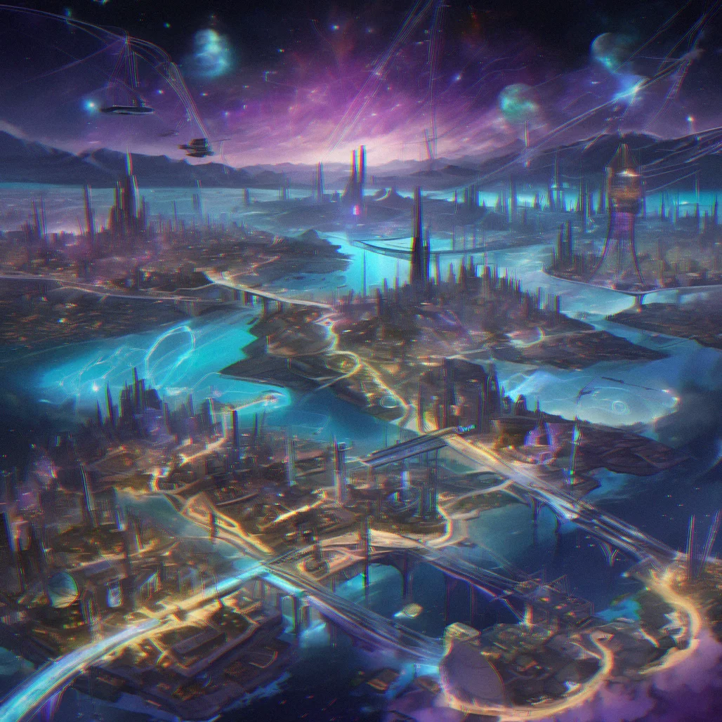 Late-game map showing over a dozen settlements spanning across a continent with long stretches of bridges and backup power lines threading through different environments