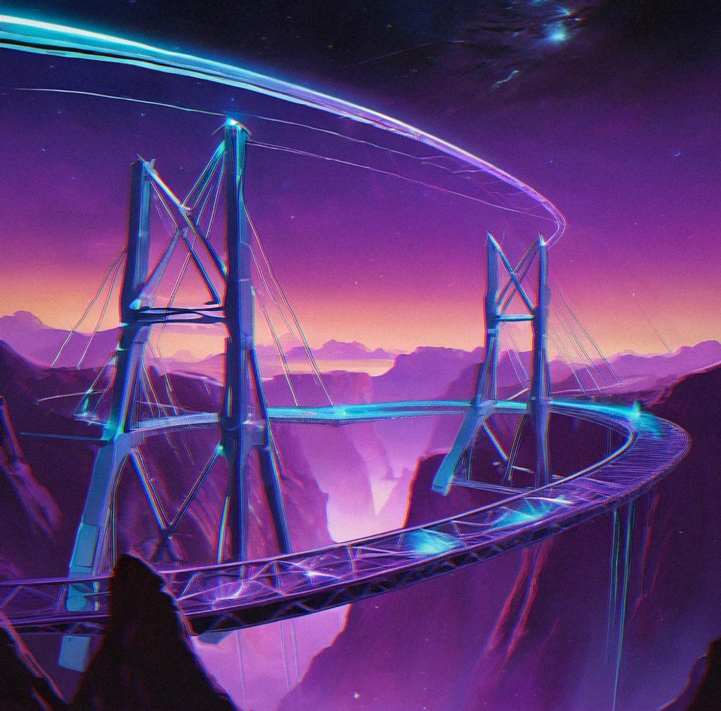 Aerial view of a multi-span bridge structure crossing a thermal canyon under purple alien atmosphere with visible power transmission lines